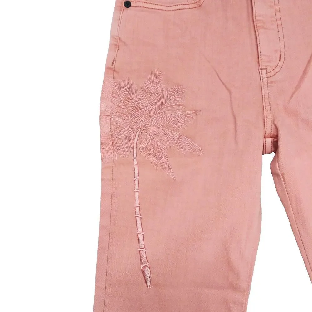 FP x Sandrine Rose Embroidered Jeans Palm Tree High Waist Stretch Sz 27 Petal